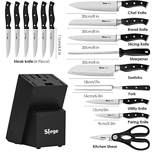 Knife Set, 16-Piece Kitchen Knife Set with Block Wooden, Manual Sharpening for Black Chef Knife Set with Carving Fork, German Stainless Steel Knife Block Set by Slege