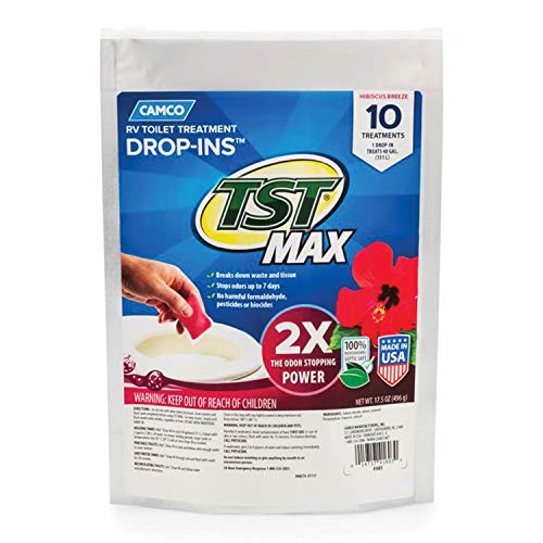Camco TST MAX RV Toilet Treatment Drop-INs | Control Unwanted Odors and Break Down Waste and Tissue | Septic Tank Safe | Hibiscus Breeze Scent | 10-pack (41603)