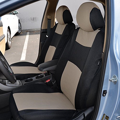BDK PolyPro Car Seat Covers Full Set in Beige on Black – Front and Rear Split Bench Car Seat Cover, Easy to Install, Interior Covers for Auto Truck Van SUV