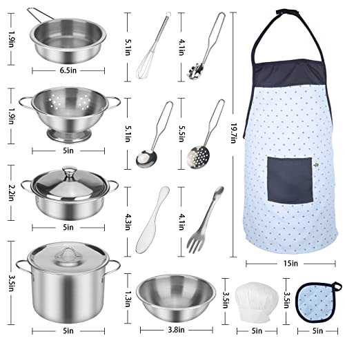PRAJNASYS Kitchen Pretend Play Accessories Toys,Cooking Set with Stainless Steel Cookware Pots and Pans Set, Cooking Utensils, Apron & Chef Hat and Cutting Play Food Gifts for Kids Toddlers Boys Girls