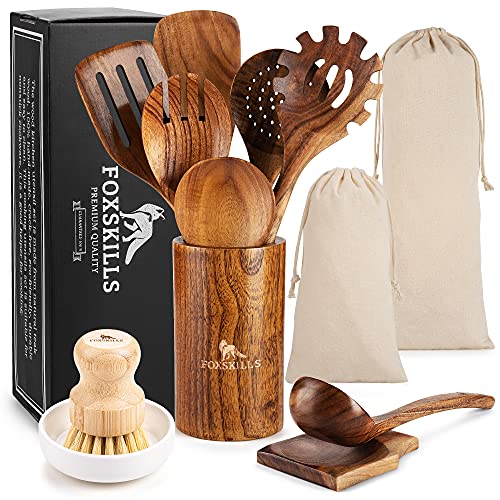 Fox Skills Wooden Kitchen Utensils - 11-Piece Cooking Set - Durable Natural Teak Wood Cookware with Non-Stick Finish - Includes Spoons, Spatulas, Display Holder, Spoon Rest, Cleaning Brush, Canvas Bag