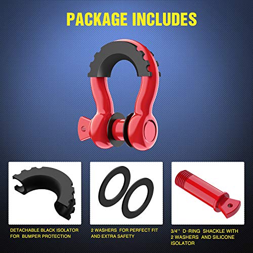 Nilight 2 Pack 3/4" D-Ring Shackle 4.75 Ton (9500 Lbs) Capacity with 7/8" Pin Heavy Duty Off Road Recovery Shackle with Isolators & Washer Kit for Jeep Truck Vehicle, Red (90053B)