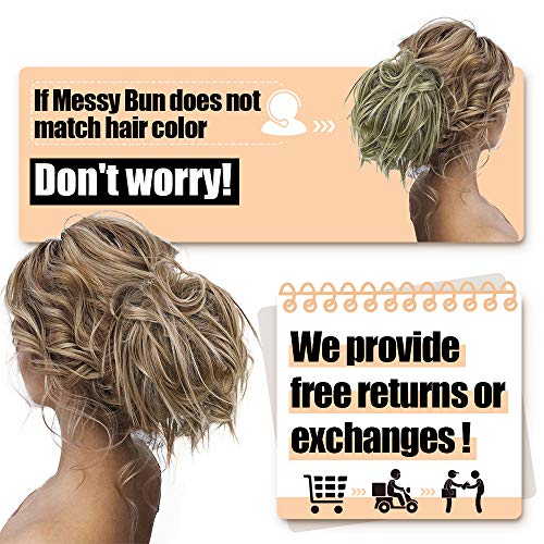 HMD Tousled Updo Messy Bun Hairpiece Hair Extension Ponytail with Elastic Rubber Band Updo Ponytail Hairpiece Synthetic Hair Extensions Scrunchies Ponytail Hairpieces for Women(Tousled Updo Bun, 12H24(light Brown Mix natural Blonde)）