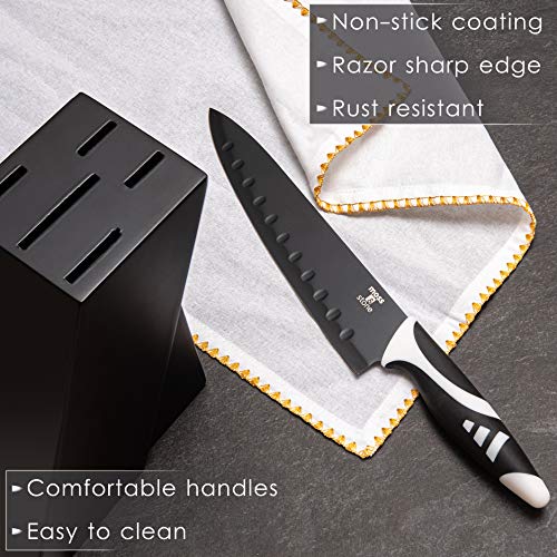Moss & Stone Professional Kitchen Knife Chef Set, Knife Set With Block, Kitchen Knife Set Black Titanium Plated Stainless Steel Scratch Resistant And Rust Proof, 7pcs Sharp Kitchen Knives.