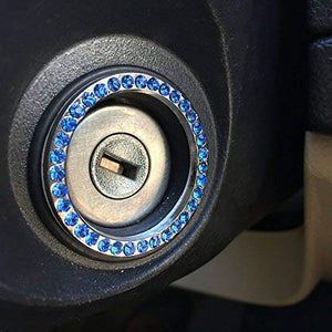 Bling Car Decor Blue Crystal Rhinestone Car Bling Ring Emblem Sticker, Bling Car Accessories for Women, Push to Start Button, Key Ignition Starter & Knob Ring, Interior Glam Car Decor Accessory (Blue)