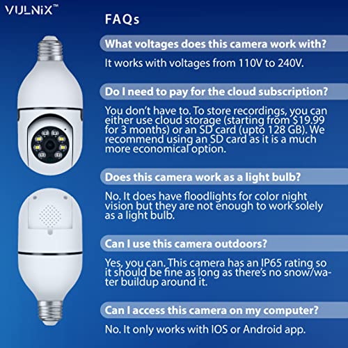 VULNiX E27 Light Bulb Camera WiFi Outdoor Indoor 1080p 360 Degree Panoramic Smart Home Security Wireless Smartbulb Cam Dome Surveillance IP HD CCTV Night Vision Lightbulb Socket Bombillo Camara