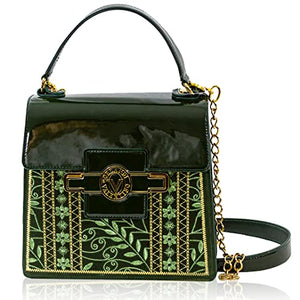 Valentino Orlandi Women's Handbag Italian Designer Gothic Top Handle Bag Emerald Green Gold Byzantine Embroidery Genuine Leather Purse with Chain Strap