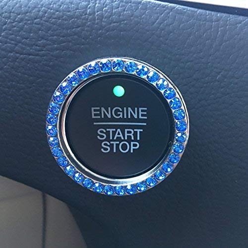Bling Car Decor Blue Crystal Rhinestone Car Bling Ring Emblem Sticker, Bling Car Accessories for Women, Push to Start Button, Key Ignition Starter & Knob Ring, Interior Glam Car Decor Accessory (Blue)