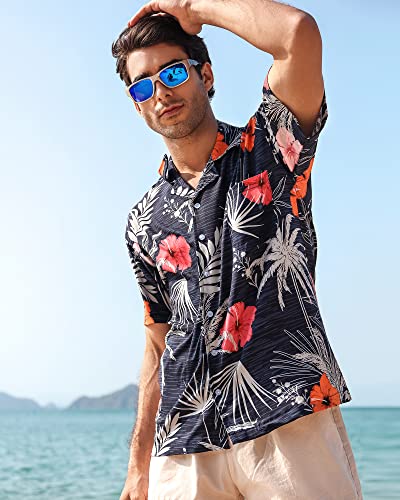 zeetoo Men's Hawaiian Shirt Short Sleeve Button Down Beach Shirts Tropical Aloha Shirt Holiday Casual Shirts Blue Large
