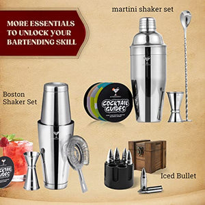 KITESSENSU Cocktail Shaker Set, Stainless Steel Martini Shaker Set with 24 Ounce cocktail mixer with Built in Drink shaker, Measuring Jigger, Bar Spoon & Drink Recipe Guide, Silver
