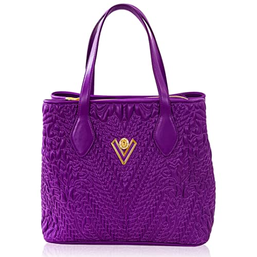 Valentino Orlandi Women’s Large Tote Handbag Italian Designer Shoulder Bag Purse Regal Purple Damask Embroidered Genuine Leather Tote