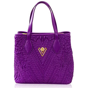 Valentino Orlandi Women’s Large Tote Handbag Italian Designer Shoulder Bag Purse Regal Purple Damask Embroidered Genuine Leather Tote
