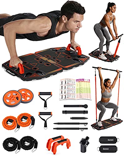 Gonex Portable Home Gym Workout Equipment with 14 Exercise Accessories Ab Roller Wheel,Elastic Resistance Bands,Push-up Stand,Post Landmine Sleeve and More for Full Body Workouts System,Orange