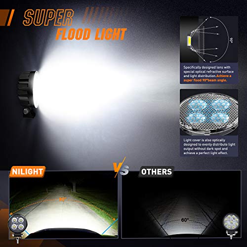 Nilight 2PCS 3Inch Led Pods Round 1500LM Built-in EMC Work Light 90° Flood Beam Angle for Offroad Lights Side Light Rear Back-Up Light for Tractor Truck Motorcycle Boat ATV UTV, 5 Years Warranty