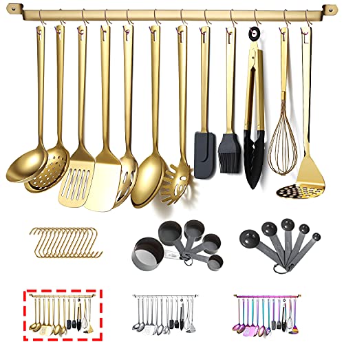 Gold Cooking Utensils Set, Kyraton Stainless Steel 37 Pieces Kitchen Utensils Set with Titanium Gold Plating, Kitchen Gadgets Tool Set with Utensils Racks Heat Resistant Dishwasher Safe