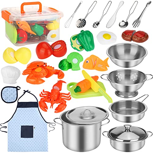 PRAJNASYS Kitchen Pretend Play Accessories Toys,Cooking Set with Stainless Steel Cookware Pots and Pans Set, Cooking Utensils, Apron & Chef Hat and Cutting Play Food Gifts for Kids Toddlers Boys Girls