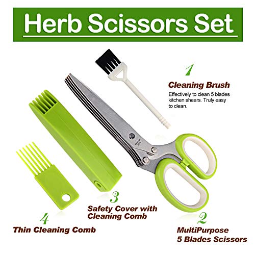 Herb Scissors Set Cool Kitchen Gadgets Gifts Kitchen Shears Scissors with Stainless Steel 5 Blades+Cover+Brush,Rust Proof,Sharp Cutting Garden Herb Garlic Leafy Greens Paper Shredding,Dishwasher Safe