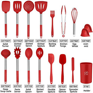 Silicone Cooking Utensil Set,Kitchen Utensils 17 Pcs Cooking Utensils Set,Non-stick Heat Resistant Silicone,Cookware with Stainless Steel Handle - Red