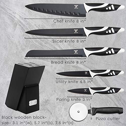 Moss & Stone Professional Kitchen Knife Chef Set, Knife Set With Block, Kitchen Knife Set Black Titanium Plated Stainless Steel Scratch Resistant And Rust Proof, 7pcs Sharp Kitchen Knives.