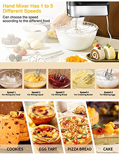 Hand Mixer Electric 5-Speed Handheld Kitchen Mixer for Cake, Egg White, Yeast Dough, Include 5 Stainless Steel Accessories, (2 Beaters, 2 Dough Hooks & 1 Whisk), with Eject/ Turbo Function, 450W Peak
