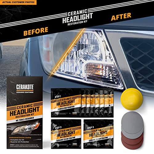 CERAKOTE Ceramic Headlight Restoration Kit – Guaranteed to Last As Long As You Own Your Vehicle – Brings Headlights Back to Like New Condition - 3 Easy Steps - No Power Tools Required