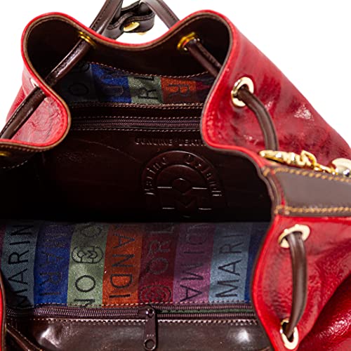 Marino Orlandi Women’s Large Backpack Handbag Italian Designer Drawstring Bucket Bag Burgundy Glazed Genuine Leather Purse Tote Convertible Sling with Tassel with Front Pocket