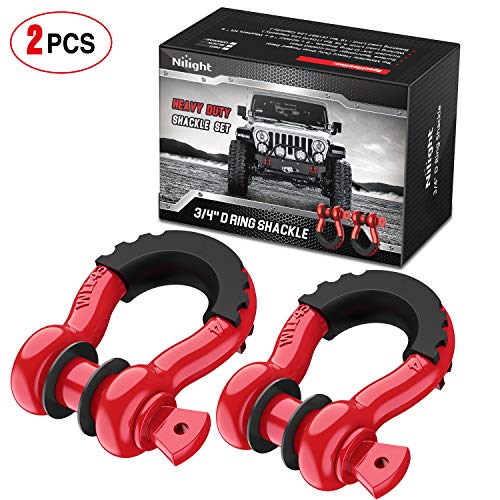 Nilight 2 Pack 3/4" D-Ring Shackle 4.75 Ton (9500 Lbs) Capacity with 7/8" Pin Heavy Duty Off Road Recovery Shackle with Isolators & Washer Kit for Jeep Truck Vehicle, Red (90053B)