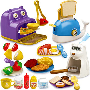 Pretend Play Kitchen Accessories Set Kitchen Toys - Kids Cooking Toys Set, Oven/ Coffee Machine/ Bread Toaster Playset, Fake Play Food Set for Toddlers, Cookware Utensils Learning Gifts for Girls Boys