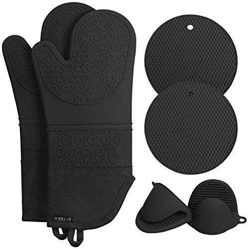 Rorecay Extra Long Oven Mitts and Pot Holders Sets: Heat Resistant Silicone Oven Mittens with Mini Oven Gloves and Hot Pads Potholders for Kitchen Baking Cooking, Quilted Liner, Black, Pack of 6