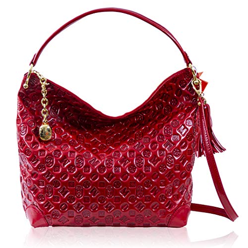 Marino Orlandi Women's Extra Large Handbag Purse Hobo Tote Satchel Italian Designer Red Quilted Genuine Leather Crossbody Bag with Tassel