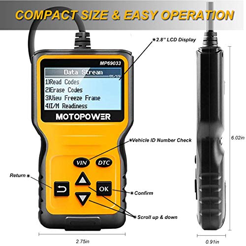 MOTOPOWER MP69033 Car OBD2 Scanner Code Reader Engine Fault Code Reader Scanner CAN Diagnostic Scan Tool for All OBD II Protocol Cars Since 1996, Yellow