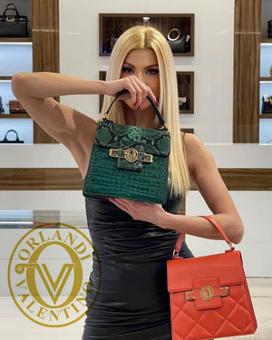 Valentino Orlandi Women's Handbag Italian Designer Gothic Top Handle Bag Emerald Green Gold Byzantine Embroidery Genuine Leather Purse with Chain Strap