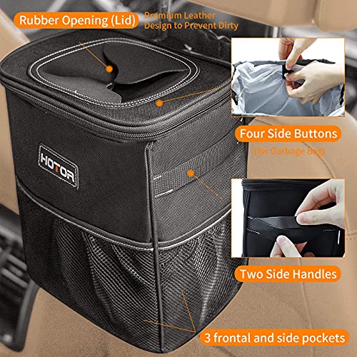HOTOR Car Trash Can with Lid and Storage Pockets, 100% Leak-Proof Car Organizer, Waterproof Car Garbage Can, Multipurpose Trash Bin for Car - Black