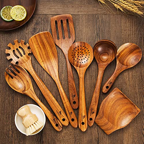 Fox Skills Wooden Kitchen Utensils - 11-Piece Cooking Set - Durable Natural Teak Wood Cookware with Non-Stick Finish - Includes Spoons, Spatulas, Display Holder, Spoon Rest, Cleaning Brush, Canvas Bag