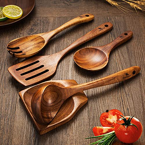 Fox Skills Wooden Kitchen Utensils - 11-Piece Cooking Set - Durable Natural Teak Wood Cookware with Non-Stick Finish - Includes Spoons, Spatulas, Display Holder, Spoon Rest, Cleaning Brush, Canvas Bag