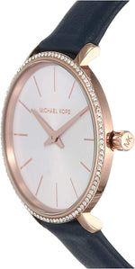 Michael Kors Women's Pyper Stainless Steel Quartz Watch with Leather Strap, Rose Gold/Blue/White, 14