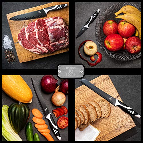 Moss & Stone Professional Kitchen Knife Chef Set, Knife Set With Block, Kitchen Knife Set Black Titanium Plated Stainless Steel Scratch Resistant And Rust Proof, 7pcs Sharp Kitchen Knives.