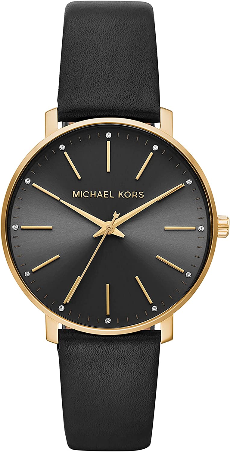 Michael Kors Women's Pyper Stainless Steel Quartz Watch with Leather Strap, Gold/Black, 18