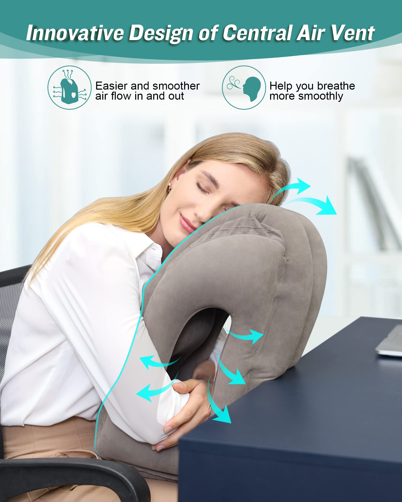 JefDiee Inflatable Travel Pillow, Airplane Neck Pillow Comfortably Supports Head and Chin for Airplanes, Trains, Cars and Office Napping with 3D Eye Mask, Earplugs and Portable Drawstring Bag (Grey)
