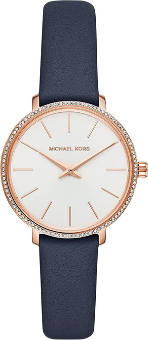 Michael Kors Women's Pyper Stainless Steel Quartz Watch with Leather Strap, Rose Gold/Blue/White, 14