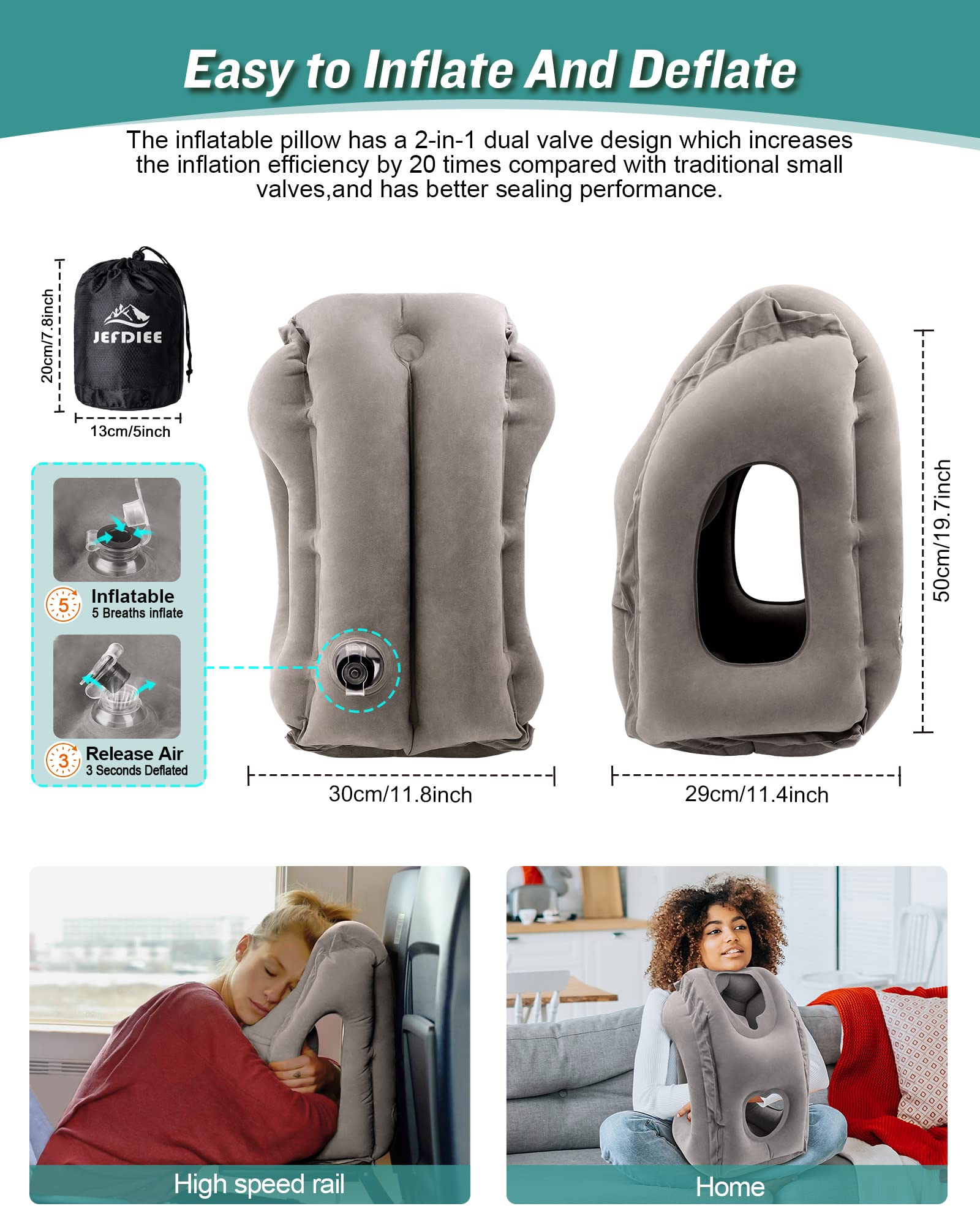JefDiee Inflatable Travel Pillow, Airplane Neck Pillow Comfortably Supports Head and Chin for Airplanes, Trains, Cars and Office Napping with 3D Eye Mask, Earplugs and Portable Drawstring Bag (Grey)