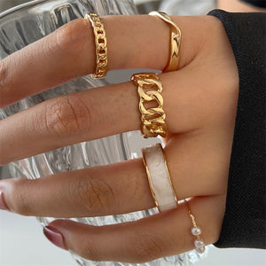 Bohemian Wave Flower Rings Set For Women Vintage Geometric Pearl Butterfly Metal Chain Knuckle Rings 2022 Trendy Jewelry Gift