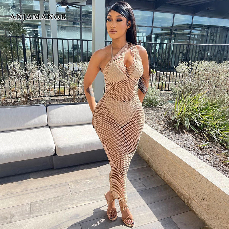 Fish Net Sheer Mesh Summer Dress Women 2022 Sexy Beach Vacation Outfits Cut Out One Shoulder Maxi Dresses D62-BH15