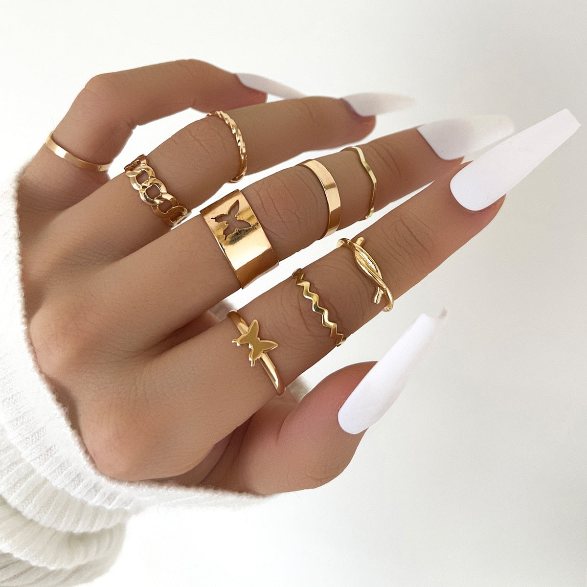 Bohemian Wave Flower Rings Set For Women Vintage Geometric Pearl Butterfly Metal Chain Knuckle Rings 2022 Trendy Jewelry Gift