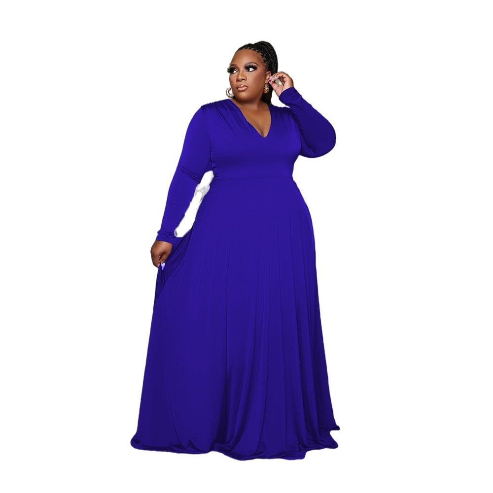Sexy Solid Color V Neck Long Sleeved Elegant Loose Maxi Evening Dresses Fashion High Waist Plus Size Women Clothing Wholesale
