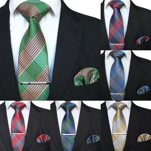 41 Style Men Tie Necktie Pocket Square Party Wedding Fashion Striped Plaid 8cm Silk Woven Business Handkerchief Tie Clip Set