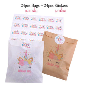 24 Pink Gold Unicorn Thank You Favor Bags for Girl Birthday Party Treat Bags White/Kraft Goodie Bags/Stickers Popcorn Candy Bag