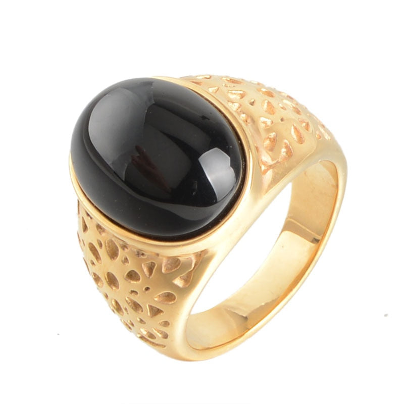 Luxury Oval Black Stone Gold Color Ring for Men Personality Vintage Prom Jewelry Gift