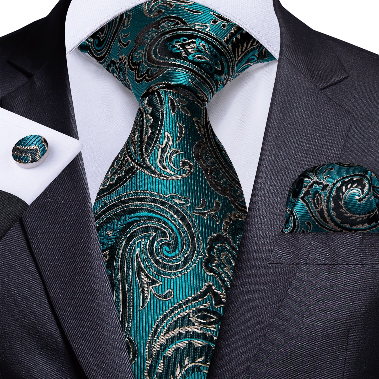 Gift Men Tie Teal Green Paisley Novelty Design Silk Wedding Tie for Men Handky cufflink Tie Set DiBanGu Party Business Fashion
