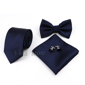4 PCS Tie Set Solid Burgundy Navy 8cm Necktie Bowtie Handkerchief Cufflinks Polyester Mens Suit Wedding Party Cravat Accessory